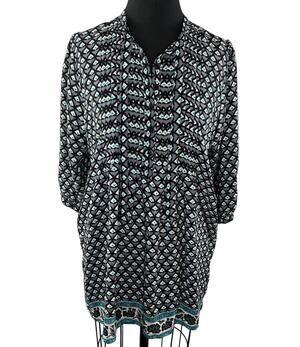 TOLANI Black Gray 3/4 Sleeve Partial Button Down Pintuck 100% Silk Top Size S